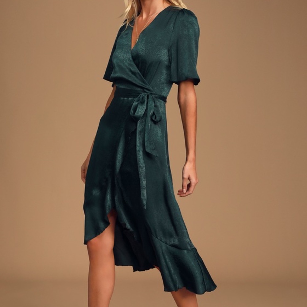 Lulus Wrapped Up In Love Dark Green Satin Faux-wrap Midi Dress - Size S